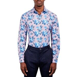 Society of Threads Dress Shirt Men's Medium Pink Floral Stretch Slim Fit FTS316